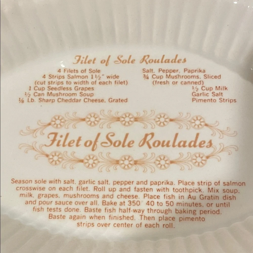 Vintage Filet of Sole Roulades Recipe Au Gratin Baking Dish – Oval Ceramic